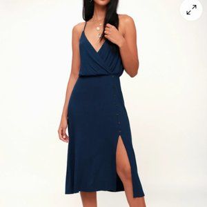 Palm Tree Breeze Navy Blue Ribbed Midi Dress - Excellent Used Condition